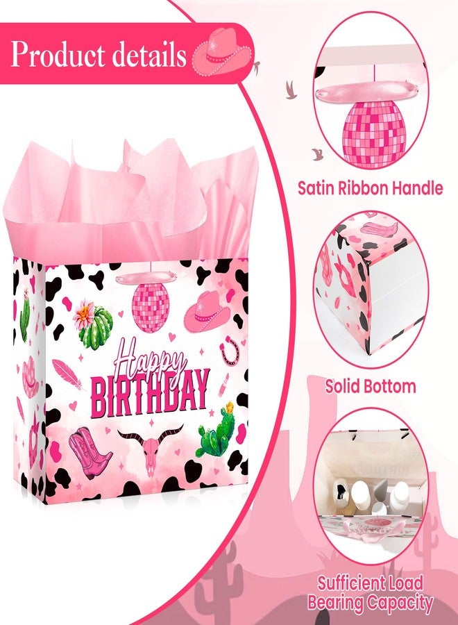 Wayyogh Pink Cowgirl Birthday Gift Bag, Large Western Happy Birthday Wrapping Paper Bags Decorations with Handles Greeting Card Tissue Paper Y2K Disco Wrap Bags for Party Favors Decor Girls Women Supplies - Image 4